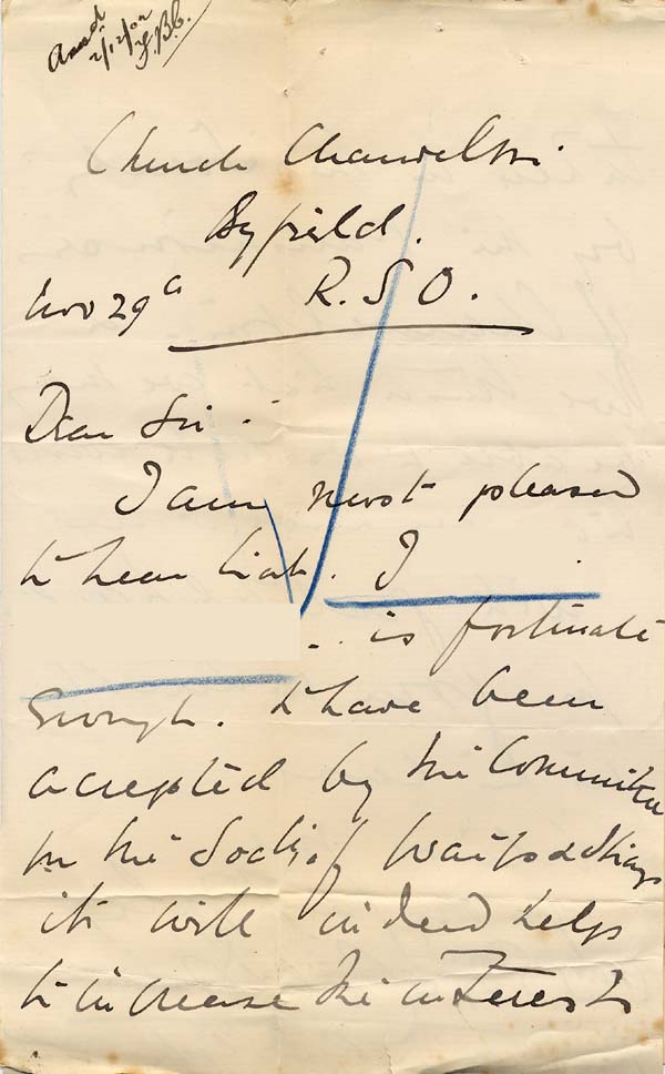 Large size image of Case 9308 5. Letter from Mrs O'B. expressing pleasure that J. has been accepted by the Society  29 November 1902
 page 1