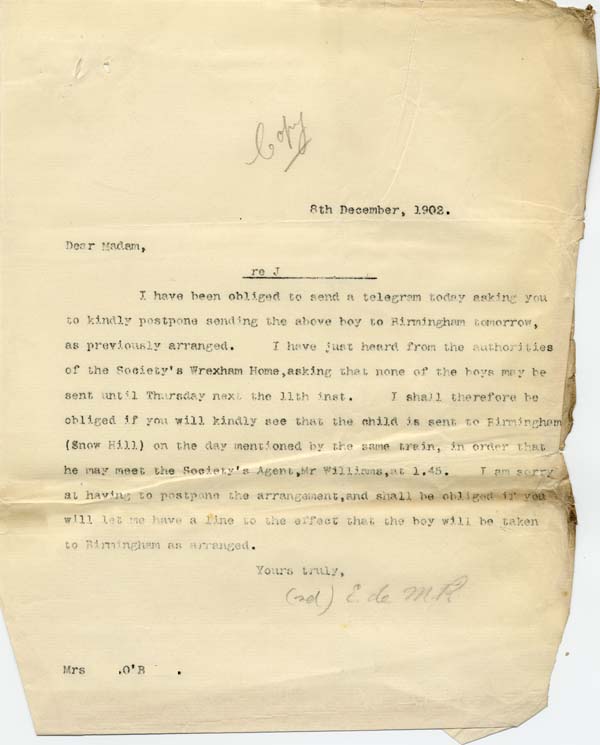 Large size image of Case 9308 8. Copy letter from Revd Edward Rudolf postponing J's journey to Wrexham by a few days  8 December 1902
 page 1