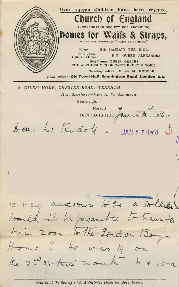 Large size image of Case 9308 10. Letter from St Giles Home about J's wish to become a soldier  23 January 1910
 page 1