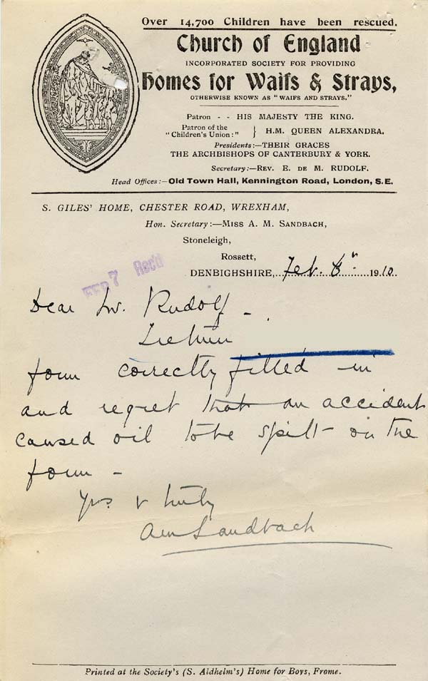 Large size image of Case 9308 13. Letter from St Giles Home enclosing correctly completed form  6 February 1910
 page 1