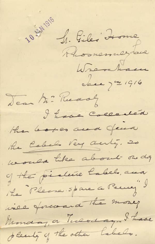 Large size image of Case 9308 21. Letter from the St Giles Home to the Revd Edward Rudolf asking him to correspond with J's sister about his death in 1914  7 January 1916
 page 1