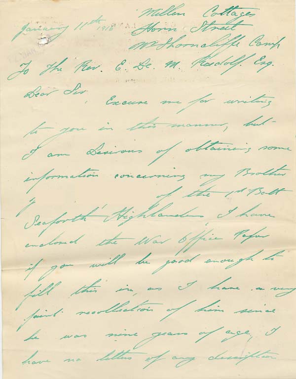 Large size image of Case 9308 22. Letter from J's sister to Revd Edward Rudolf requesting information about J. and enclosing a form from the War Office  11 January 1916
 page 1