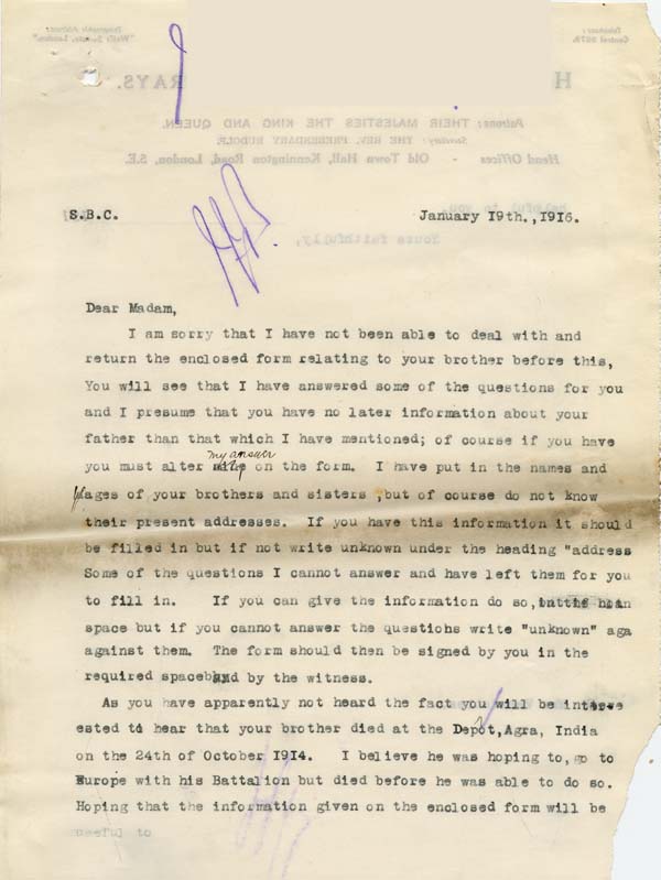 Large size image of Case 9308 23. Copy letter to J's sister enclosing the form with relevant sections completed  19 January 1916
 page 1