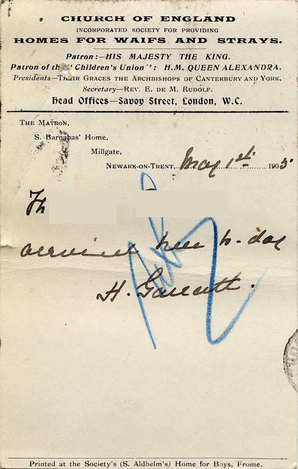 Large size image of Case 9315 24. Card confirming M's arrival at the St Barnabas Home  1 May 1905
 page 2