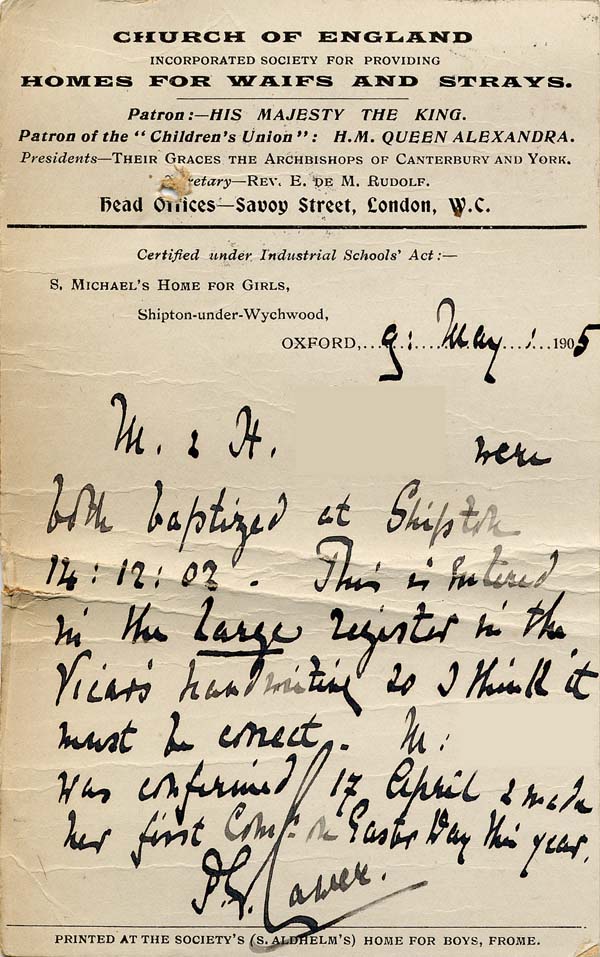 Large size image of Case 9315 28. Postcard from St Michael's Home confirming that the girls were baptised on 14 December 1902  9 May 1905
 page 2