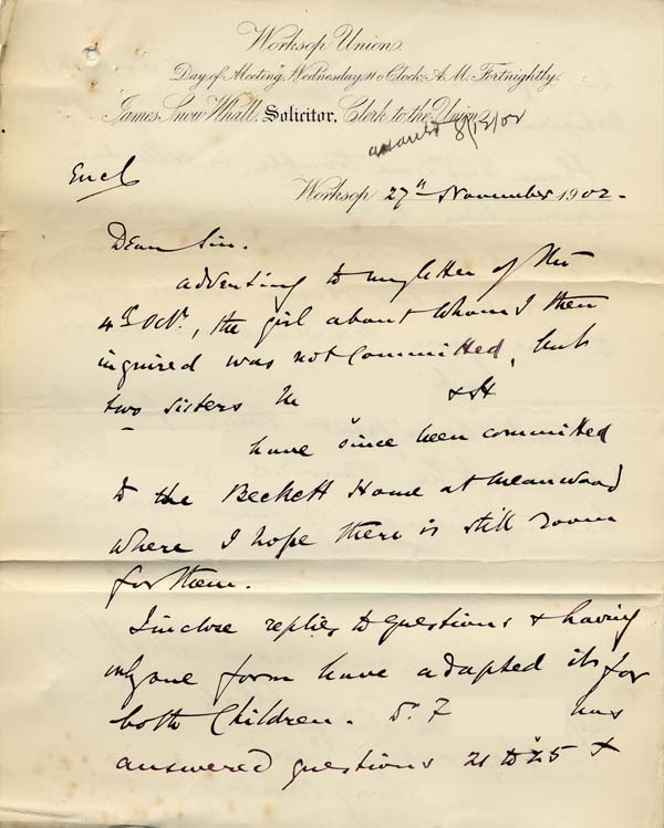 Large size image of Case 9316 3. Letter from the Worksop Union enclosing application form  27 November 1902
 page 1