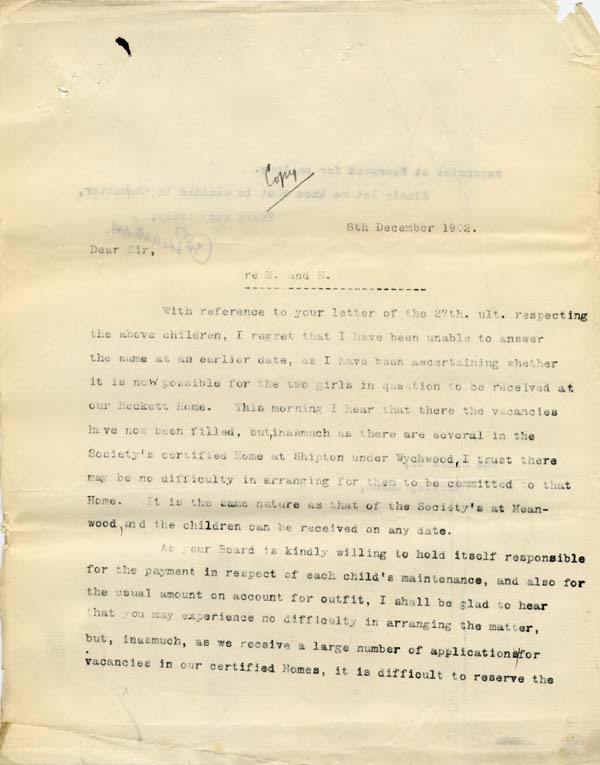Large size image of Case 9316 8. Copy letter from Revd Edward Rudolf to the Worksop Union suggesting St Michael's Home  8 December 1902
 page 1
