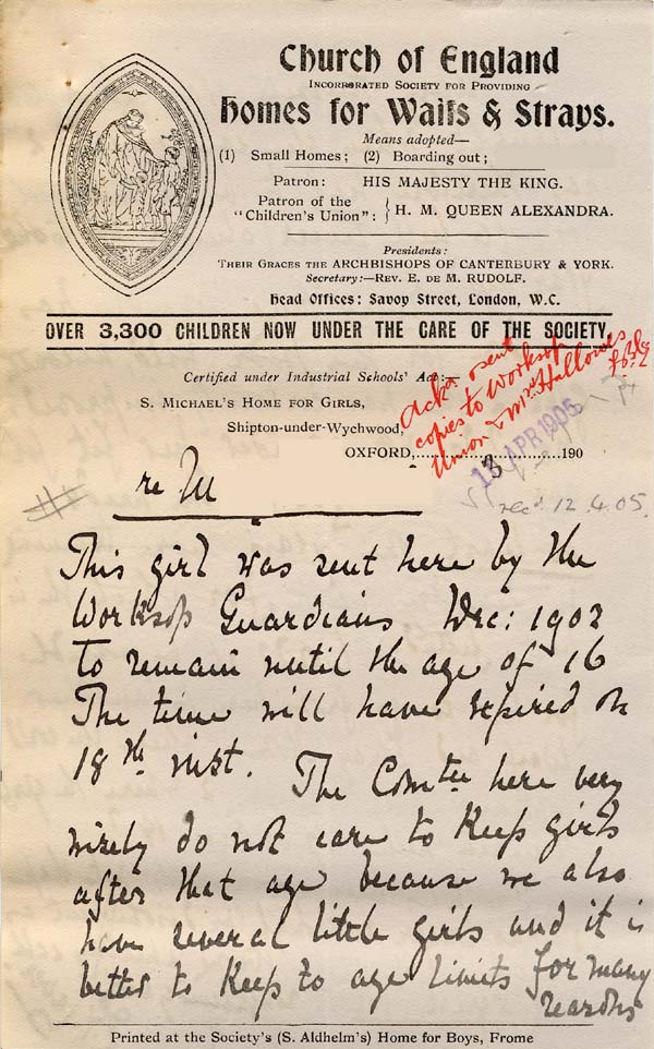 Large size image of Case 9316 14. Letter from St Michael's Home about M's future now she has reached the age of 16  April 1905
 page 1