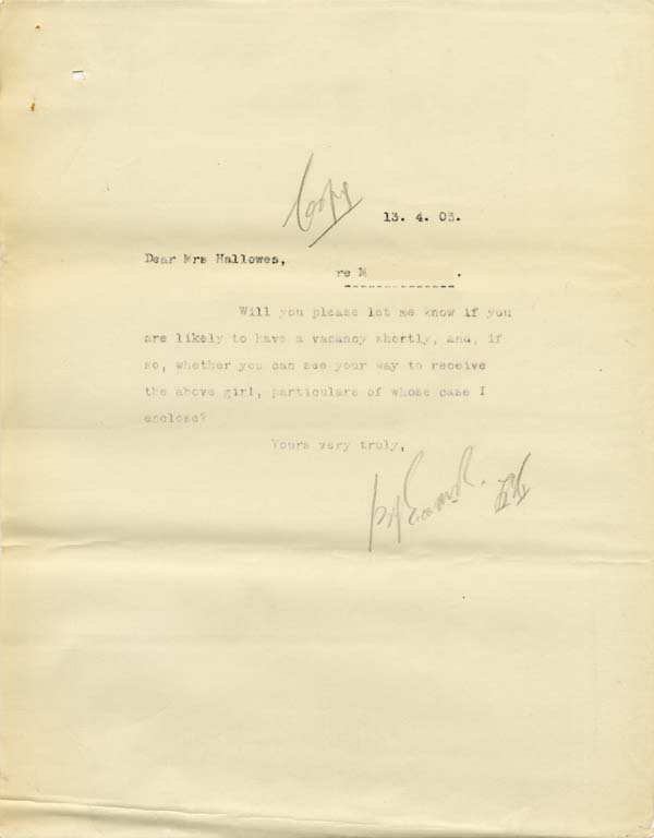 Large size image of Case 9316 16. Copy letter to St Barnabas Home, Newark asking if they can receive M.  13 April 1905
 page 1