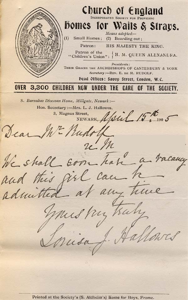 Large size image of Case 9316 17. Letter from St Barnabas Home agreeing to take M.  15 April 1905
 page 1