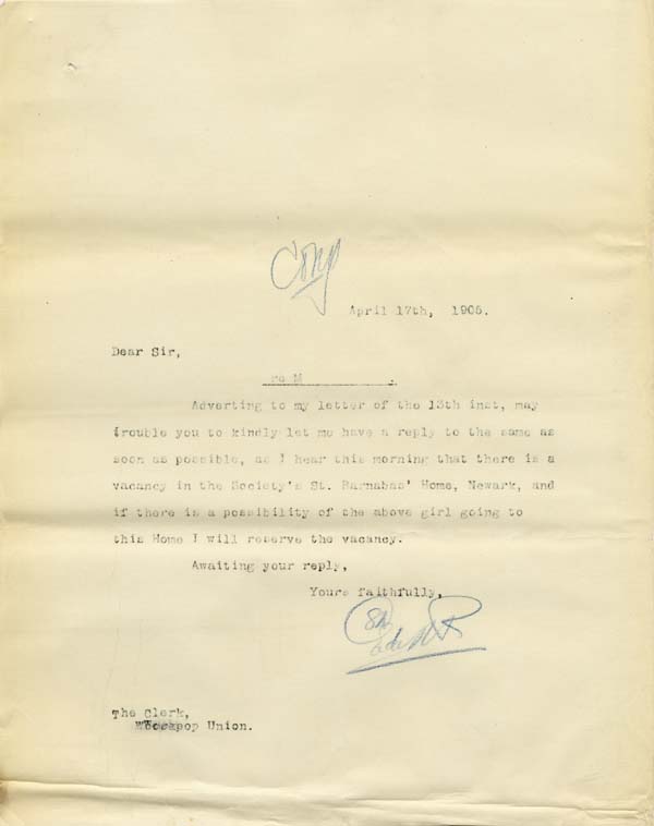 Large size image of Case 9316 18. Copy letter to the Worksop Union  17 April 1905
 page 1