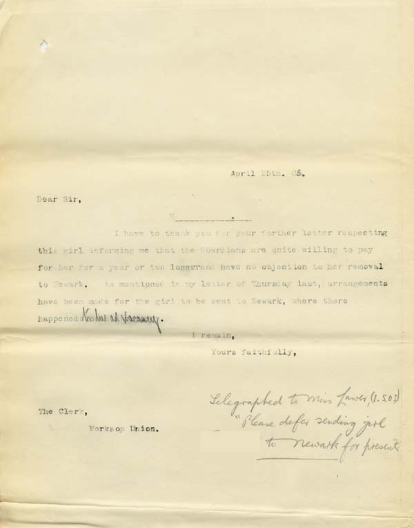 Large size image of Case 9316 23. Copy letter to the Worksop Union  25 April 1905
 page 1