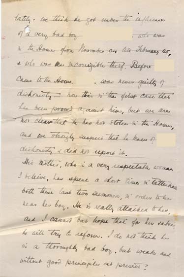 Large size image of Case 9350 8. Letter from the Tattenhall Home requesting C's removal because he had been caught stealing  2 April 1905
 page 3
