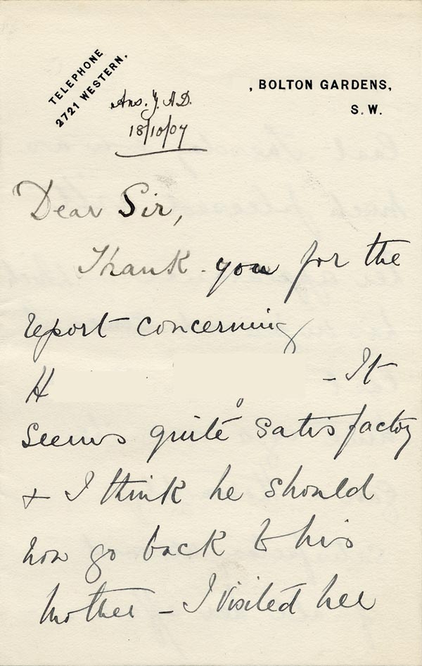 Large size image of Case 9402 6. Letter from Miss V. Hopgood  17 October 1907
 page 1