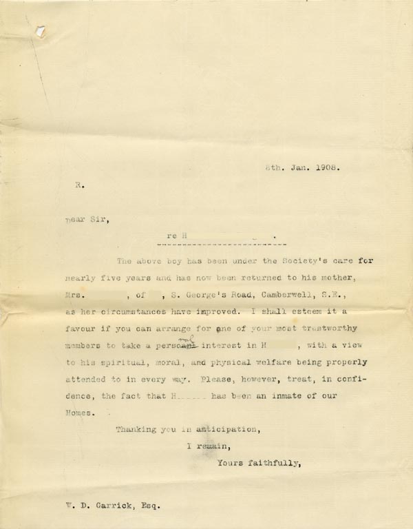 Large size image of Case 9402 8. Copy letter to Mr W.D. Carrick [Vicar of St George, Camberwell?] requesting support for H.  8 January 1908
 page 1