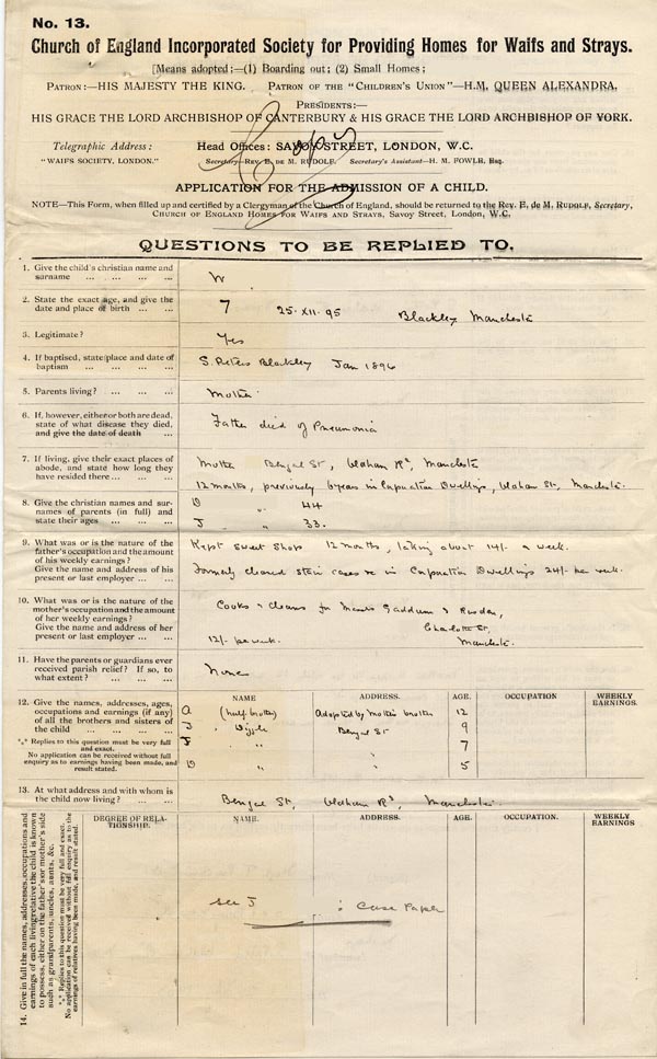 Large size image of Case 9467 1. Application to Waifs and Strays' Society  25 February 1903
 page 1