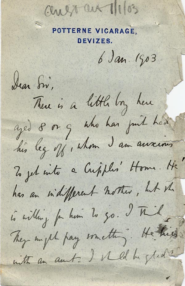 Large size image of Case 9498 4. Letter from Revd B. seeking help for A.  6 January 1903
 page 1