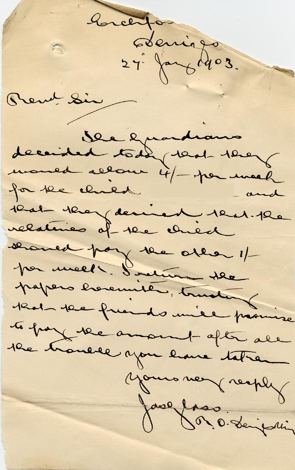 Large size image of Case 9498 7. Letter from the Devizes Poor Law Guardians agreeing to pay maintenance for A.  27 January 1903
 page 1