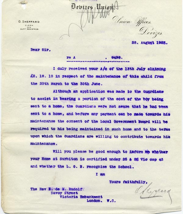 Large size image of Case 9498 10. Letter from the Devizes Union about the status of St Martin's Home  28 August 1903
 page 1