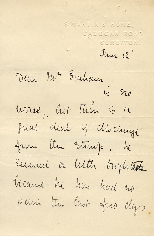 Large size image of Case 9498 12. Letter from St Martin's suggesting A. be moved to Islington  12 June [1907]
 page 1