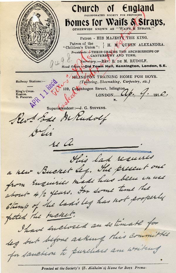 Large size image of Case 9498 20. Letter from the Islington Home to the Revd Edward Rudolf informing him of the need for a new bucket leg and enclosing the above estimate  9 April 1910
 page 1