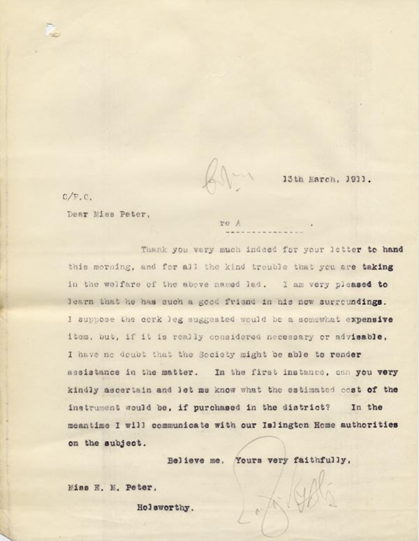 Large size image of Case 9498 40. Copy letter to Miss Peter asking if she could find out the estimated cost of a cork leg  13 March 1911
 page 1