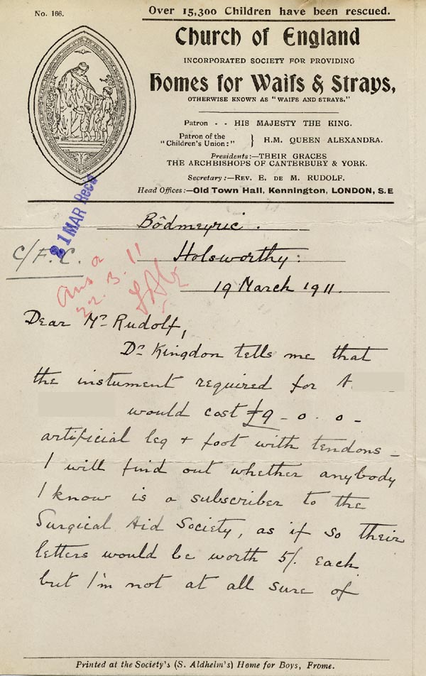 Large size image of Case 9498 44. Letter from Miss Peter supplying details of the cost of a cork leg  19 March 1911
 page 1