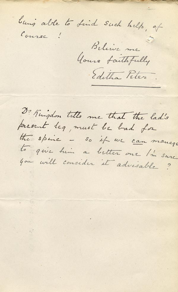 Large size image of Case 9498 44. Letter from Miss Peter supplying details of the cost of a cork leg  19 March 1911
 page 2