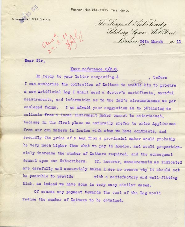 Large size image of Case 9498 48. Letter from the Surgical Aid Society setting out their conditions  24 March 1911
 page 1