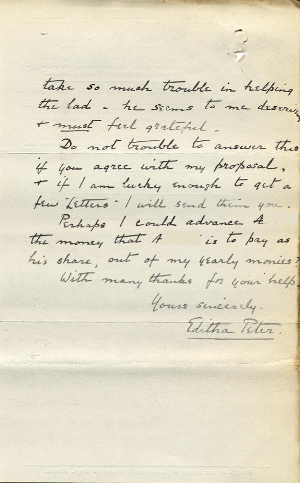 Large size image of Case 9498 54. Letter from Miss Peter saying that A. is keen to help pay for his leg out of his own wages  3 April 1911
 page 2