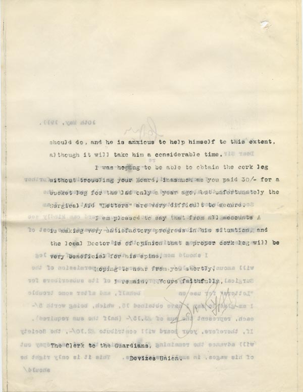 Large size image of Case 9498 56. Copy letter to the Devizes Union asking if they would contribute towards the cost of the leg  10 May 1911
 page 2