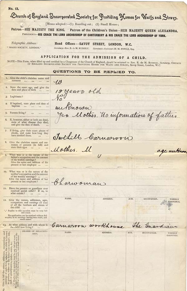 Large size image of Case 9569 1. Application to Waifs and Strays' Society  10 December 1902
 page 1