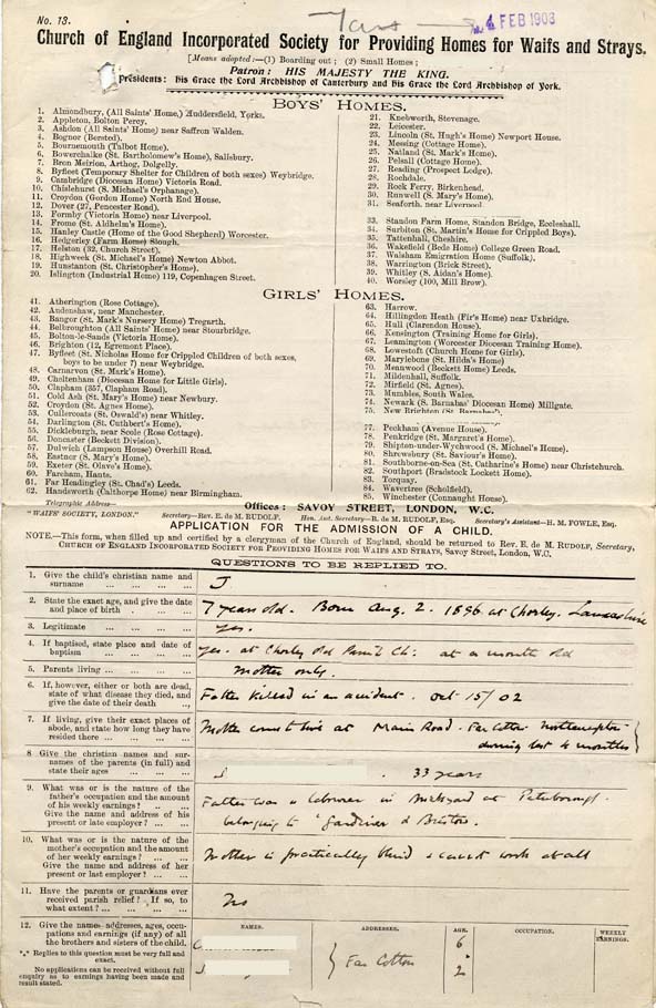 Large size image of Case 9616 1. Application to Waifs and Strays' Society  31 January 1903
 page 1