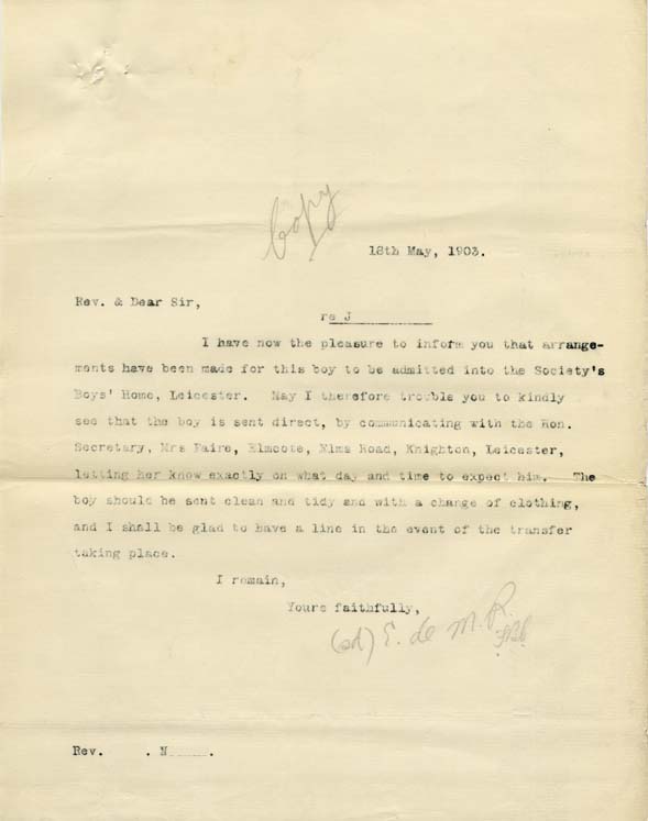 Large size image of Case 9616 5. Copy letter to Revd N. concerning arrangements for J's admission  18 May 1903
 page 1