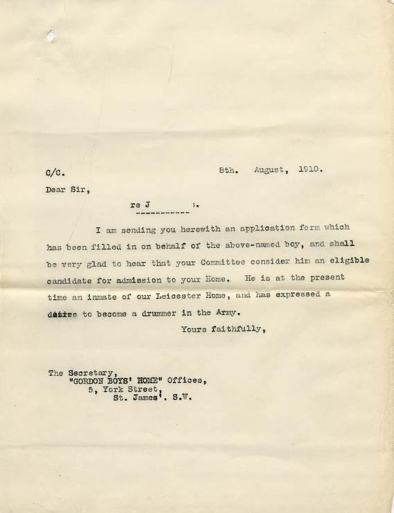 Large size image of Case 9616 10. Copy letter to the Gordon Boys Home  8 August 1910
 page 1