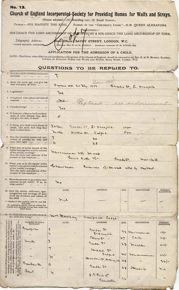Large size image of Case 9621 1. Application to Waifs and Strays' Society  30 March 1903
 page 1