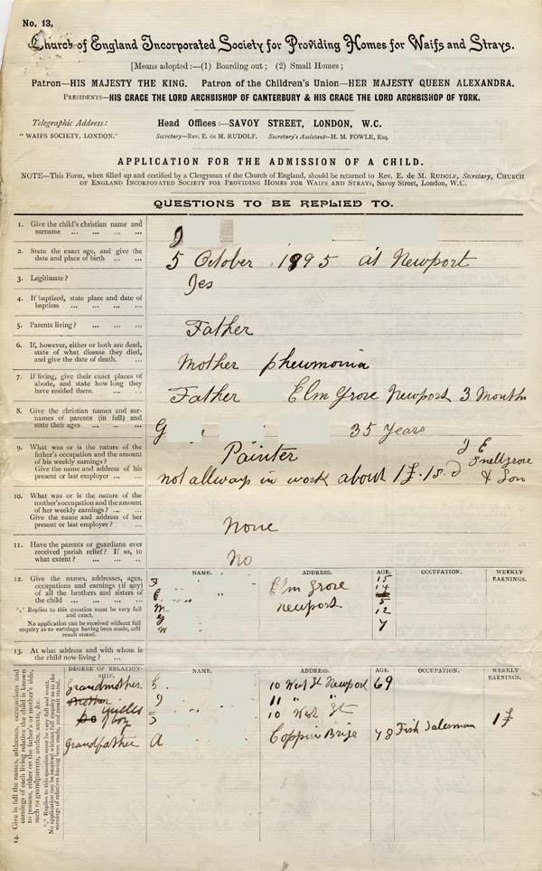 Large size image of Case 9627 1. Application to Waifs and Strays' Society  2 May 1903
 page 1