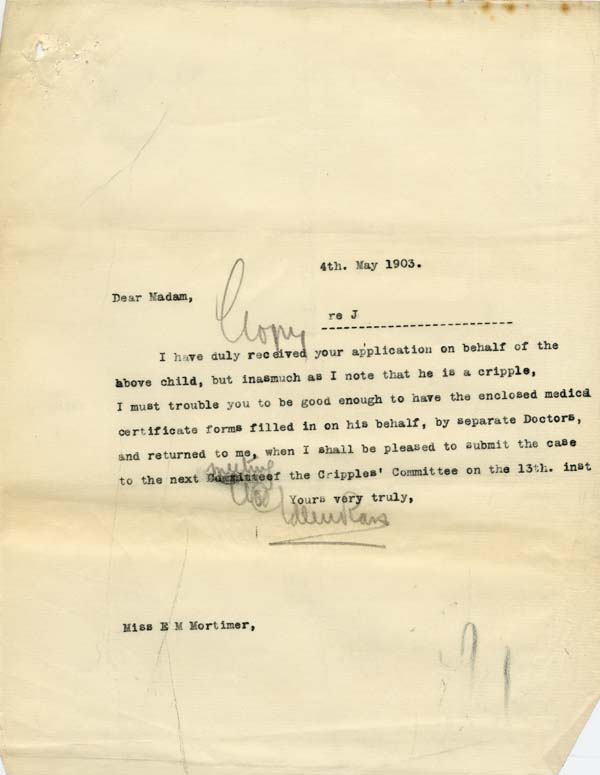 Large size image of Case 9627 2. Copy letter requesting completion of medical forms  4 May 1903
 page 1