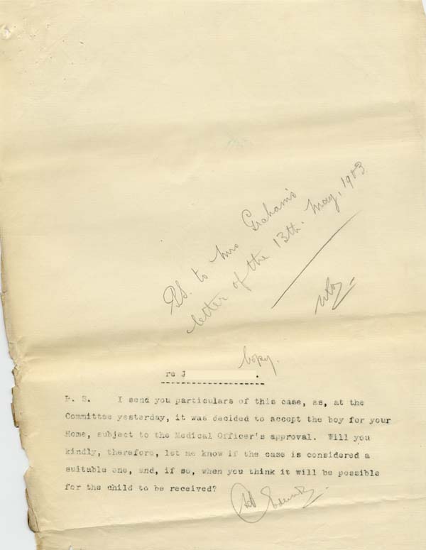 Large size image of Case 9627 6. Postscript concerning the acceptance of J. by St Martin's Home  May 1903
 page 1