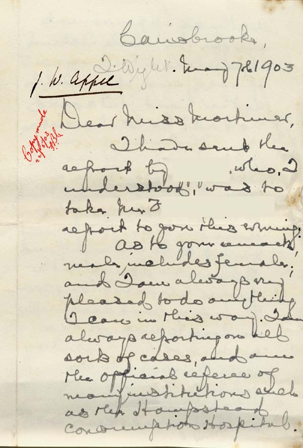 Large size image of Case 9627 9. Letter from a doctor regarding J.  Originally dated 7 May 1903, copy made 22 May 1903
 page 1