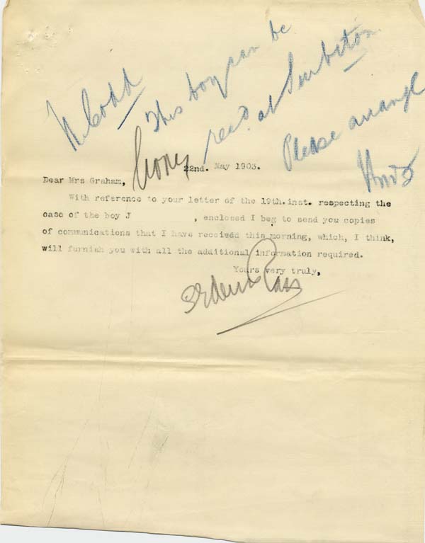 Large size image of Case 9627 11. Copy letter to Mrs Graham enclosing items 9 and 10  22 May 1903
 page 1