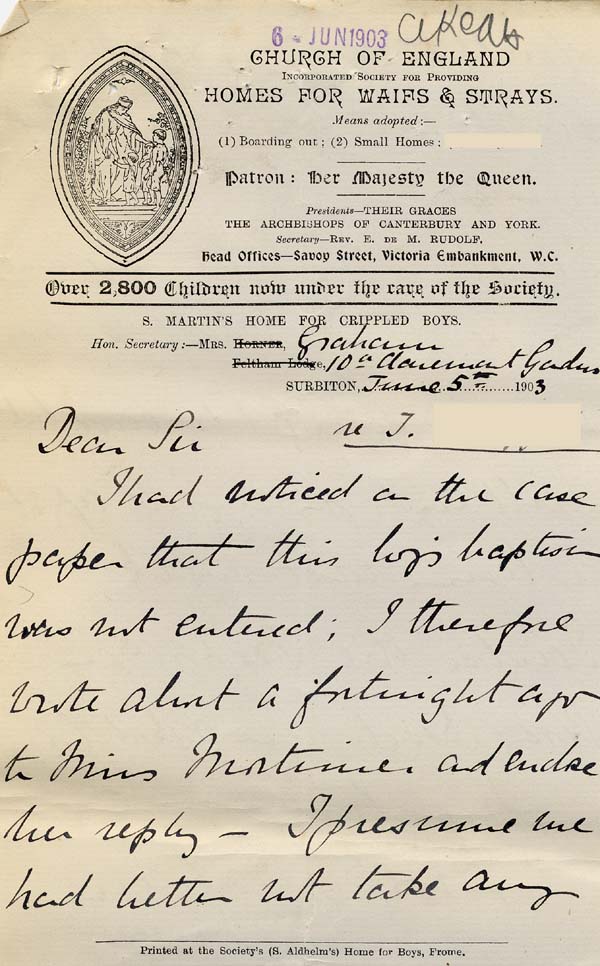Large size image of Case 9627 15. Letter from Mrs Graham mentioning grave doubts about J's suitability for St Martin's Home  5 June 1903
 page 1