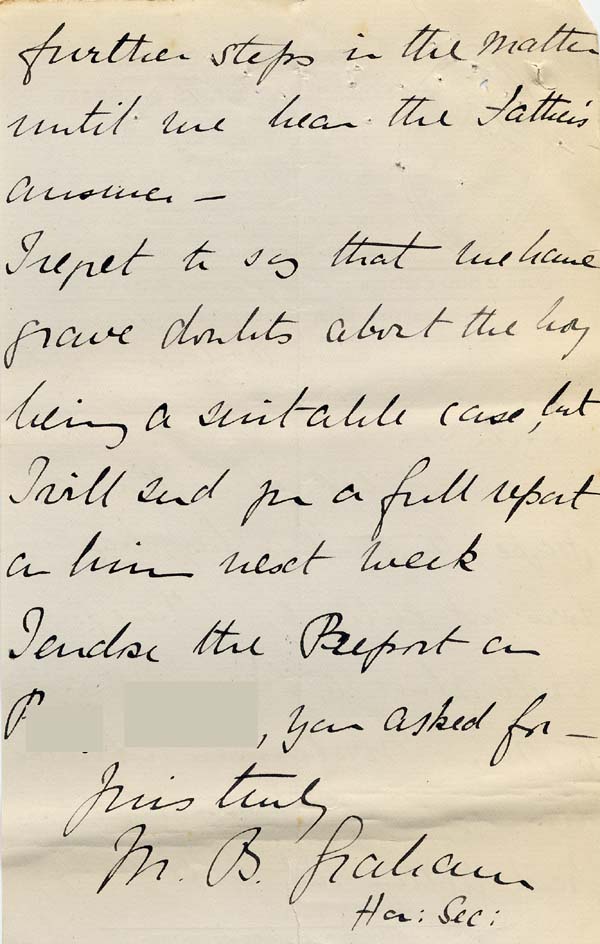 Large size image of Case 9627 15. Letter from Mrs Graham mentioning grave doubts about J's suitability for St Martin's Home  5 June 1903
 page 2
