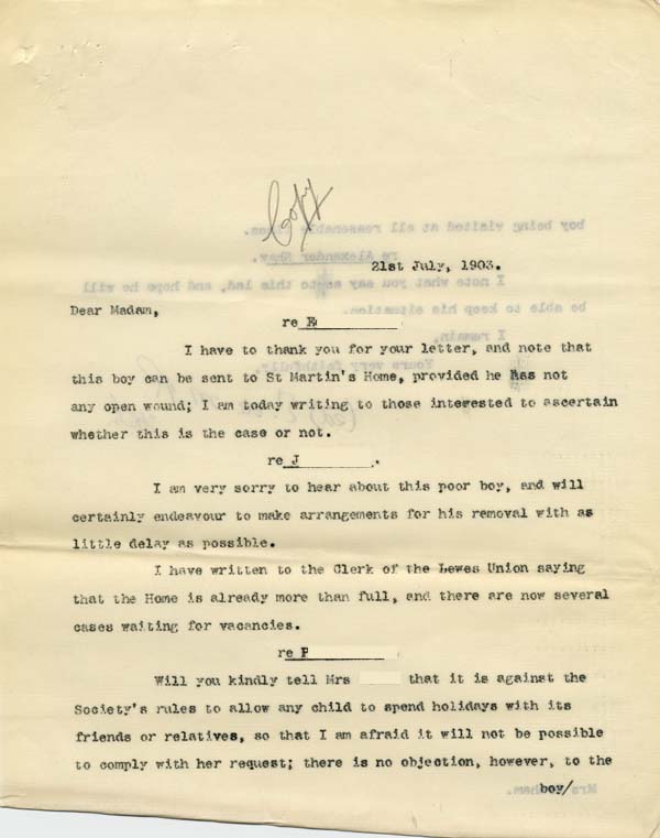 Large size image of Case 9627 18. Copy letter from Revd Edward Rudolf mentioning J's removal  21 July 1903
 page 1