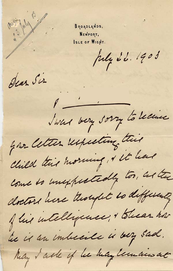 Large size image of Case 9627 20. Letter from Mary Mortimer about arrangements  22 July 1903
 page 1