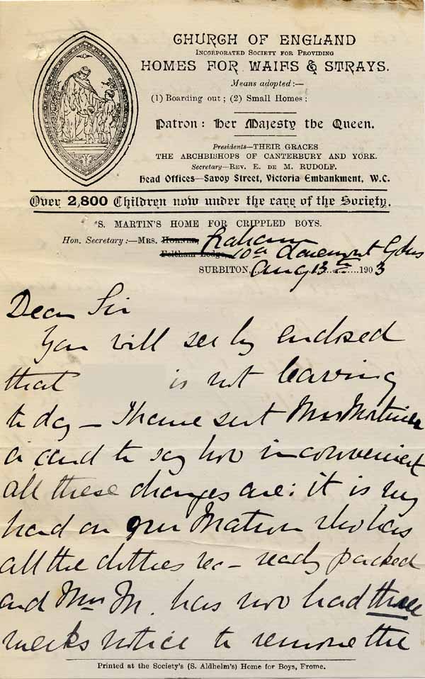 Large size image of Case 9627 24. Letter from Mrs Graham to Revd Edward Rudolf complaining about Mary Mortimer's delay in removing J.  13 August 1903
 page 1