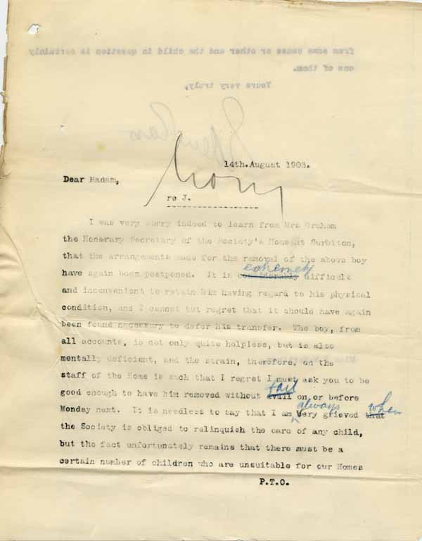 Large size image of Case 9627 25. Copy letter from Revd Edward Rudolf to Mary Mortimer insisting that J. should be removed promptly  14 August 1903
 page 1