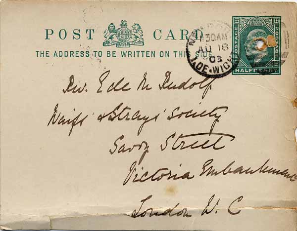 Large size image of Case 9627 26. Card from Mary Mortimer confirming that J. had been removed from St Martin's Home the previous day  18 August 1903
 page 1