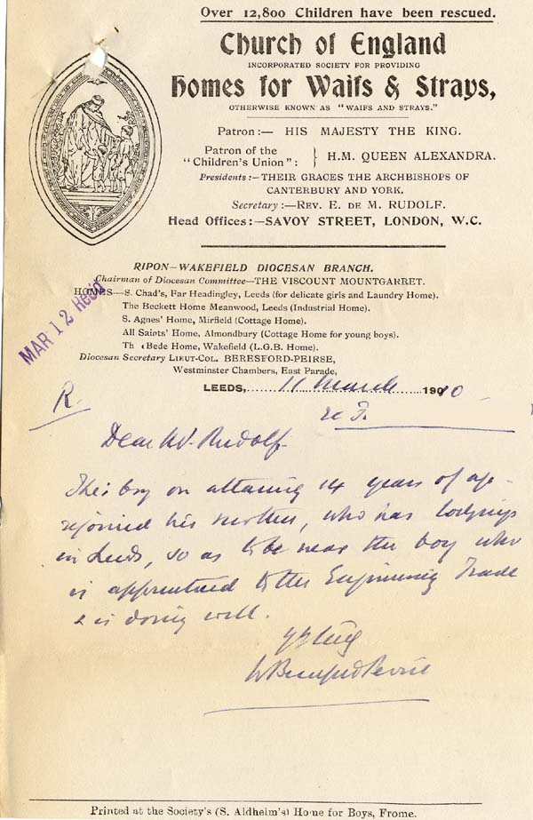 Large size image of Case 9697 3. Letter from Ripon-Wakefield Diocesan Branch Secretary, W. Beresford Peirse  11 March 1910
 page 1
