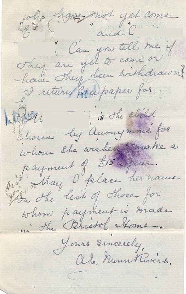 Large size image of Case 9838 2. Letter from Mrs Nunn-Rivers, the Honorary Secretary of the Bristol Home mentioning maintenance payments for M.  7 November 1911
 page 2